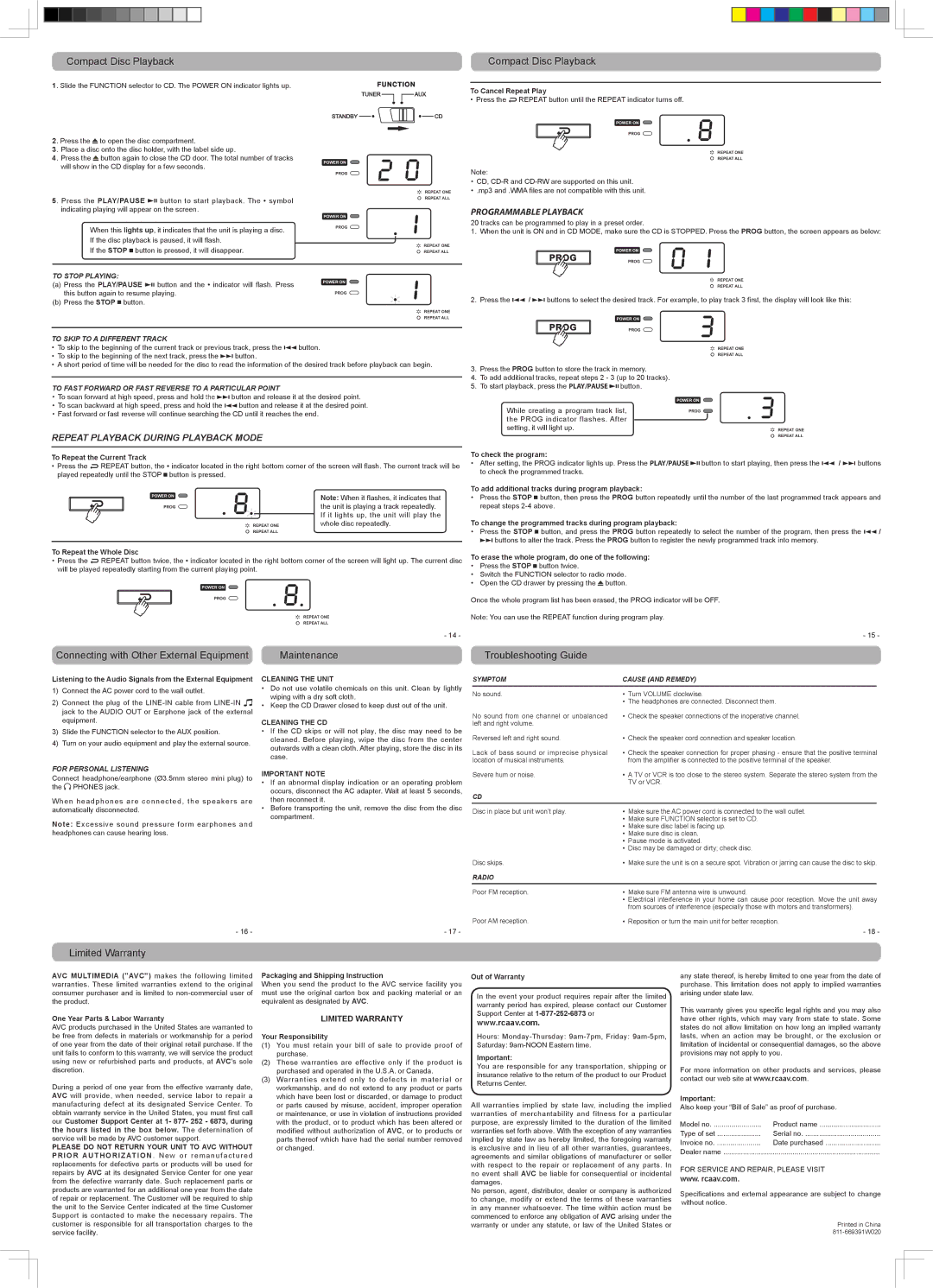 RCA RS2693 Compact Disc Playback, Limited Warranty, Cleaning the Unit, Cleaning the CD, Important Note 