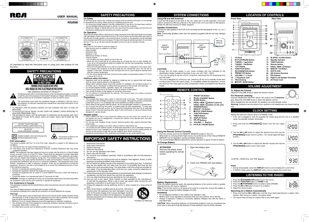 RCA RS2696i important safety instructions System Connections, Remote Control, Clock Setting 