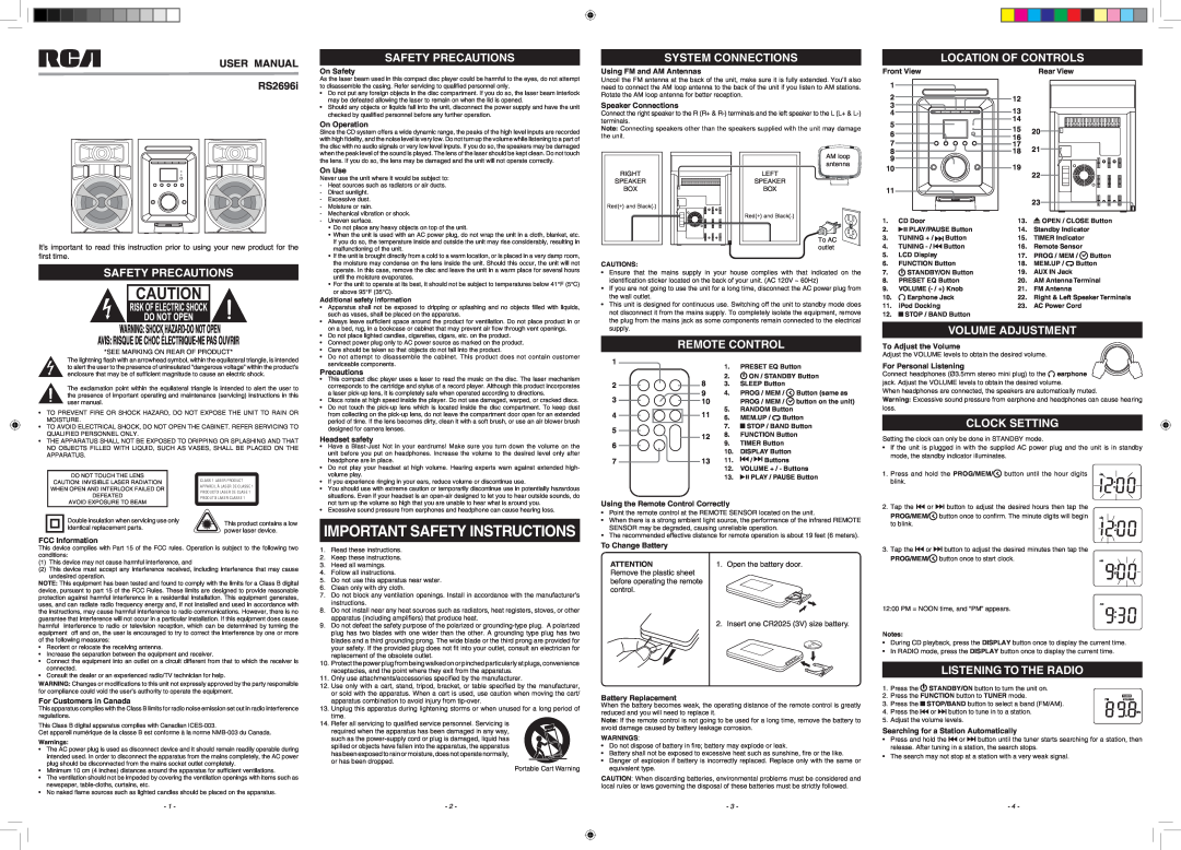 RCA RS2696i important safety instructions Important Safety Instructions, Safety Precautions, System Connections 