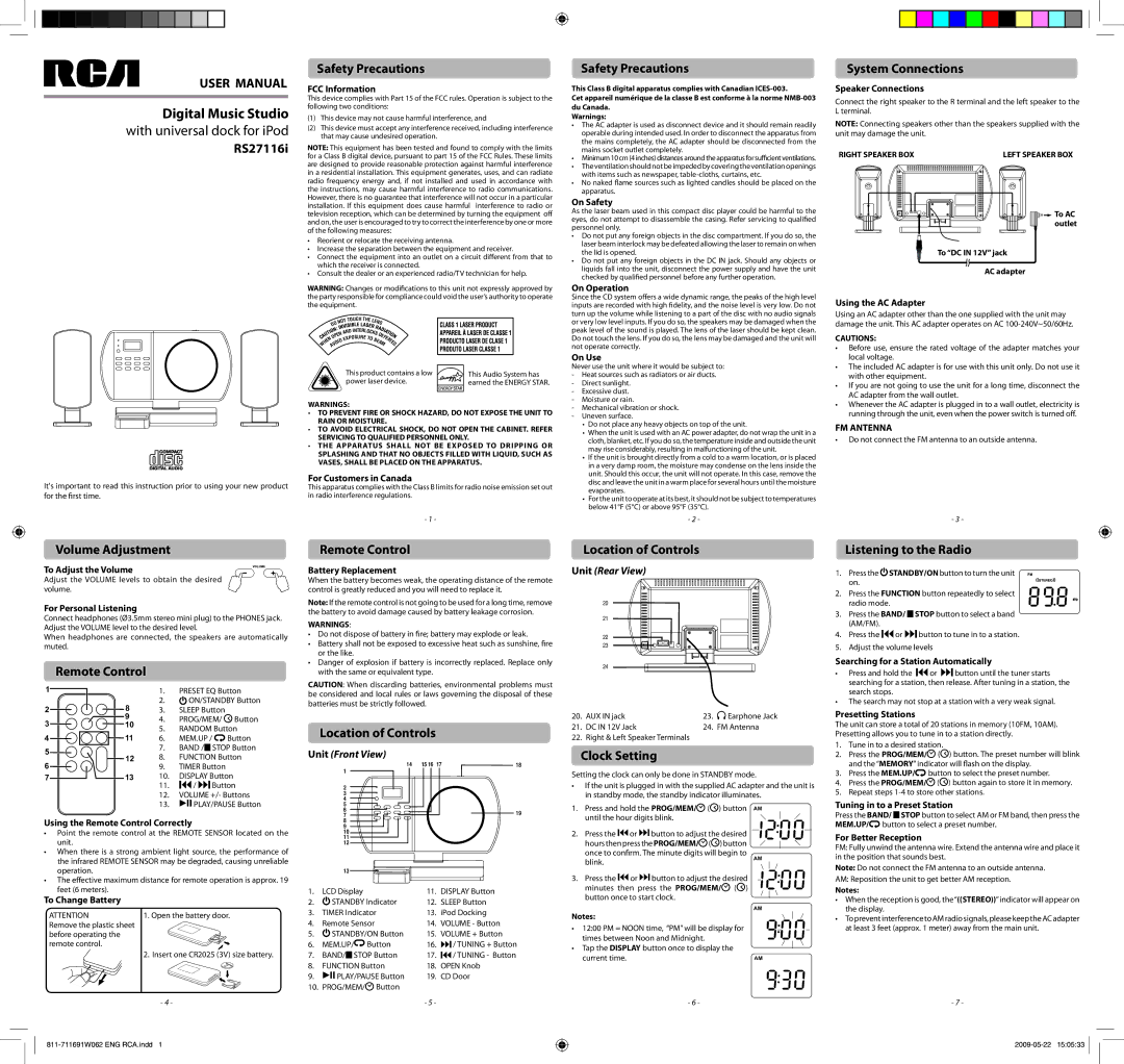 RCA RS27116I user manual RS27116i, Safety Precautions, System Connections, Volume Adjustment, Remote Control 