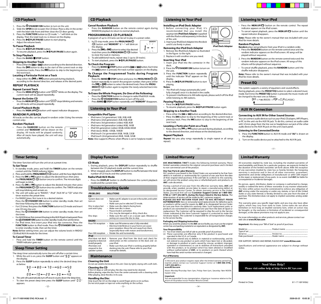 RCA RS27116I CD Playback, Sleep Timer Setting, Listening to Your iPod, Display Function, Troubleshooting Guide 