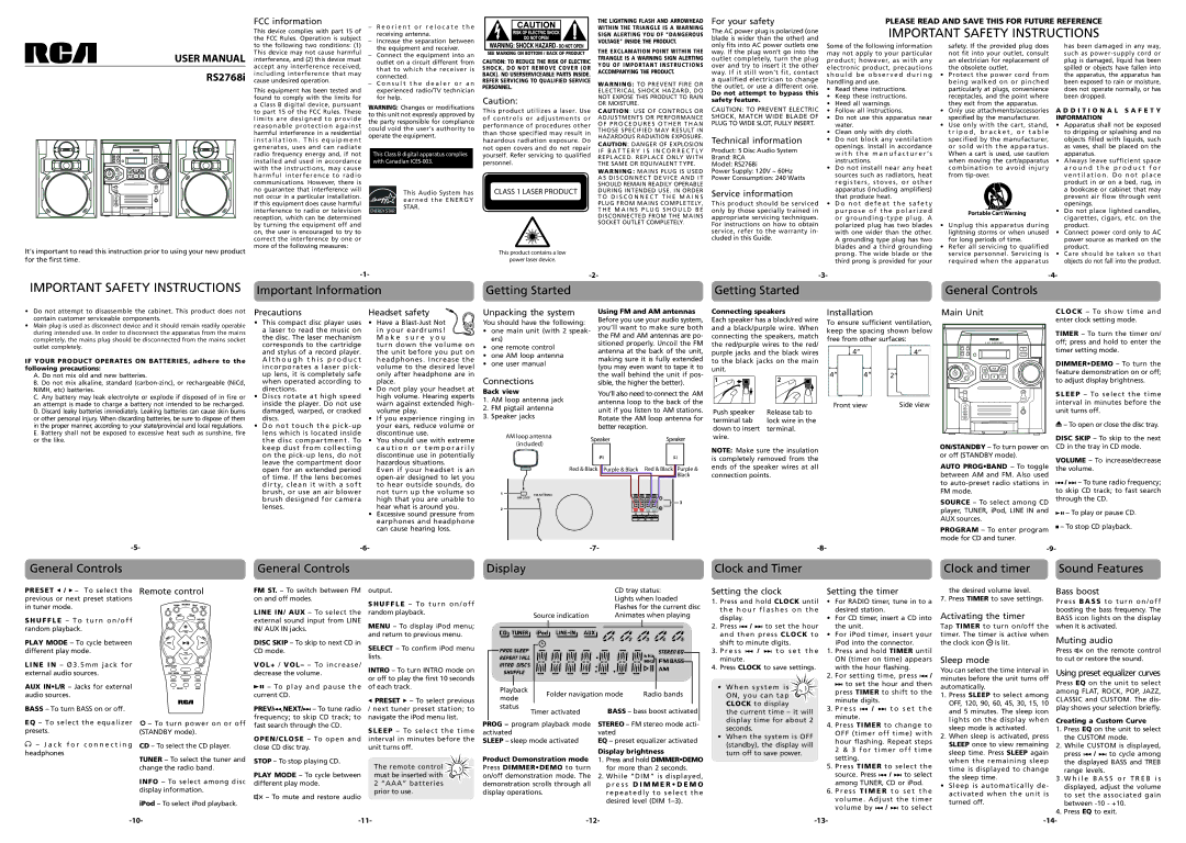 RCA RS2768i user manual FCC information, For your safety, Technical information, Service information, Precautions 