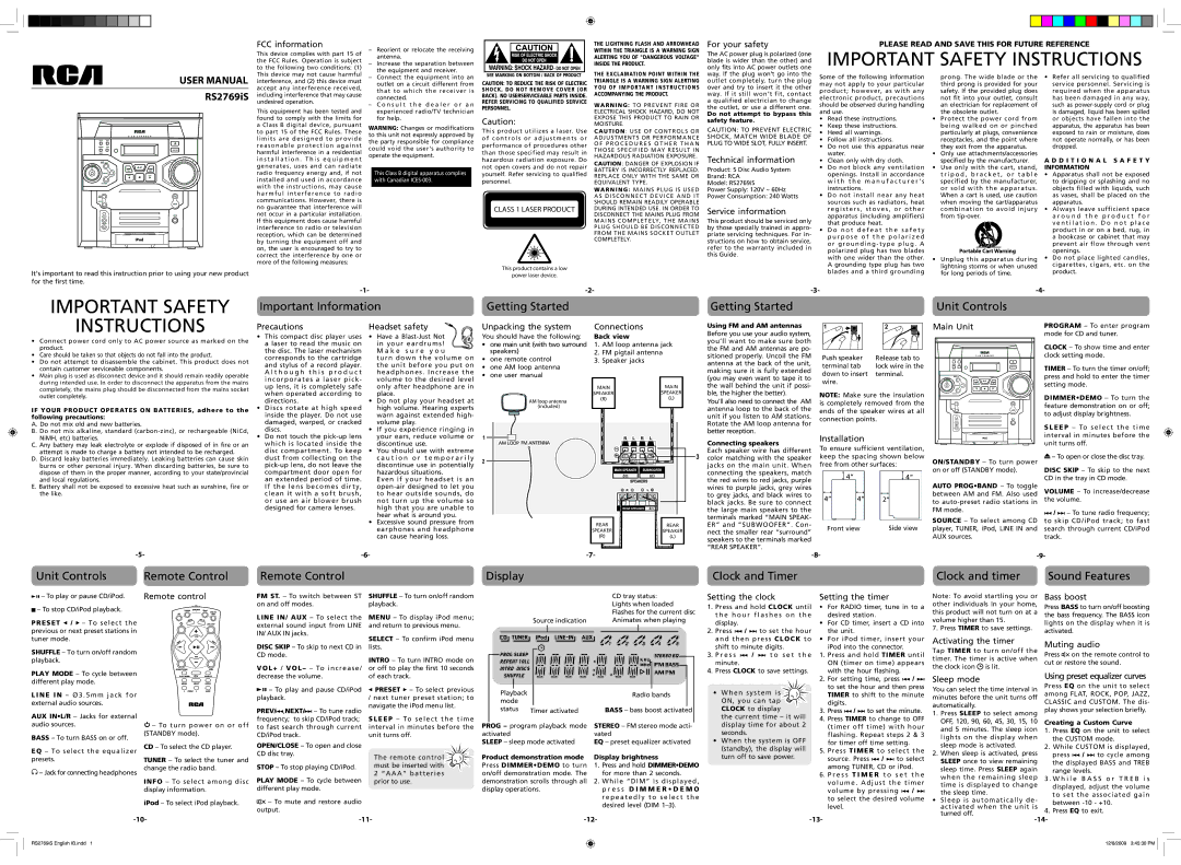 RCA RS2769iS user manual FCC information, For your safety, Technical information, Service information, Precautions 