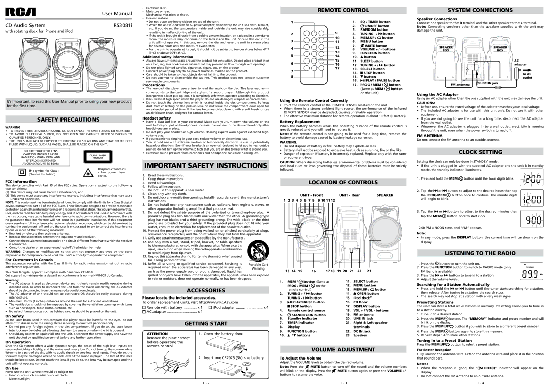 RCA RS3081iH important safety instructions Remote Control System Connections, Accessories, Getting Start, Clock Setting 