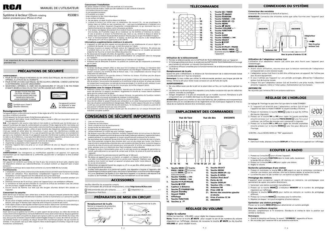 RCA RS3081iH Précautions DE Sécurité, Télécommande, Emplacement DES Commandes, Connexions DU Système, Réglage DE L’HORLOGE 