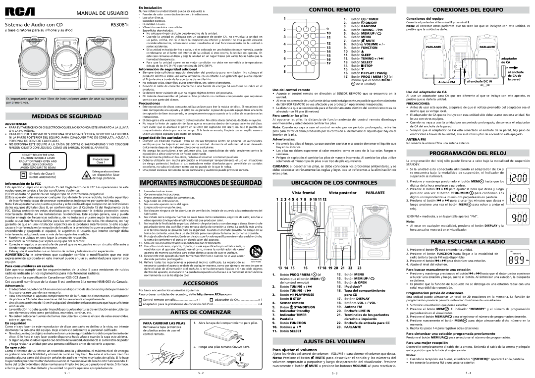 RCA RS3081iH Accesorios, Antes DE Comenzar, Control Remoto, Ajuste DEL Volumen, Programación DEL Reloj 