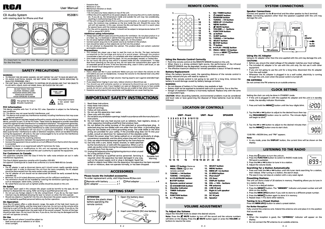 RCA RS3081iH important safety instructions Important Safety Instructions, Remote Control, System Connections, Accessories 