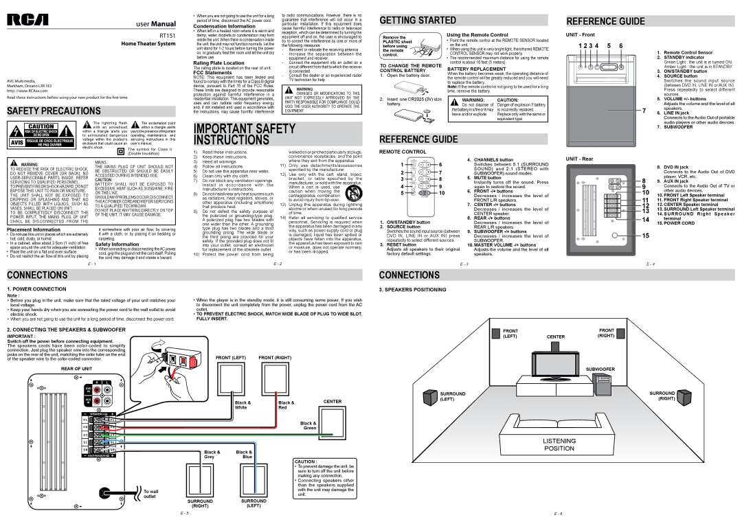 RCA RT151 important safety instructions Remote Control, Power Connection, Speakers Positioning 