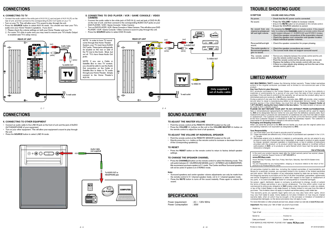 RCA RT151 Connecting to TV, Connecting to Other Equipment, To Adjust the Master Volume, To Reset 