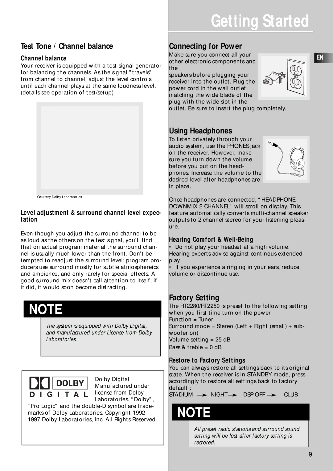 RCA RT2250R, RT2280 user manual Test Tone / Channel balance, Connecting for Power, Using Headphones, Factory Setting 