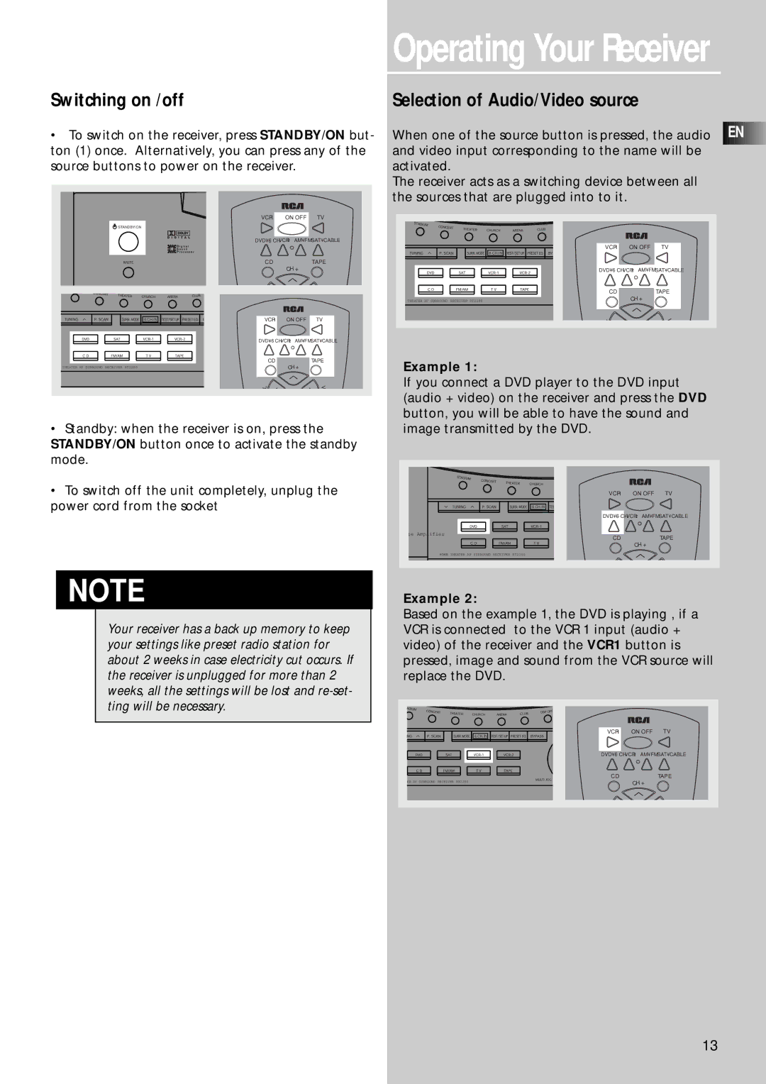 RCA RT2250R, RT2280 user manual Switching on /off, Selection of Audio/Video source, Example, Image transmitted by the DVD 