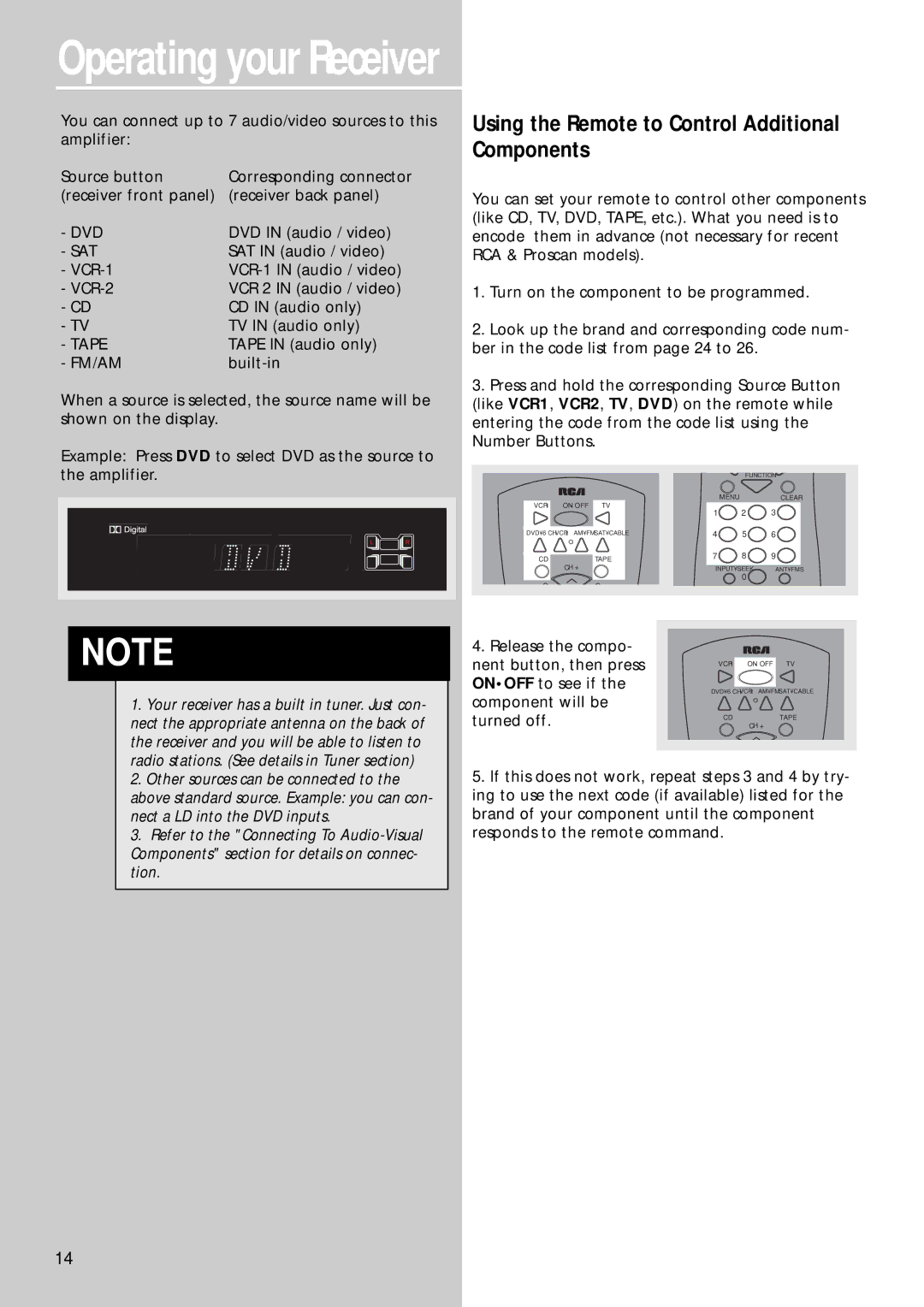 RCA RT2280, RT2250 Using the Remote to Control Additional Components, DVD in audio / video, SAT in audio / video, Built-in 