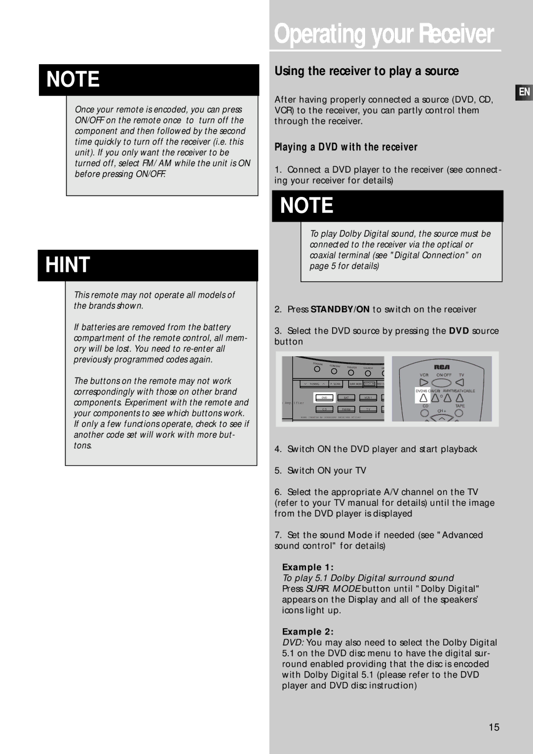 RCA RT2250R, RT2280 user manual Using the receiver to play a source, Playing a DVD with the receiver 