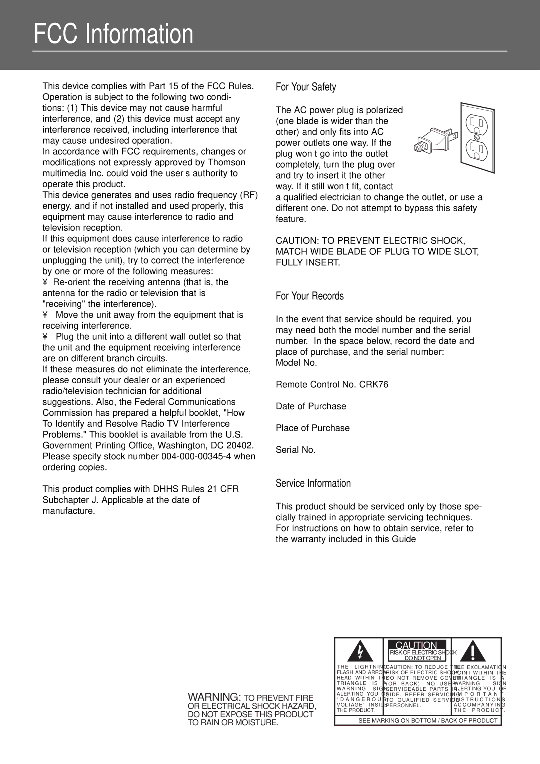 RCA RT2250R, RT2280 user manual FCC Information, For Your Safety, For Your Records, Service Information 