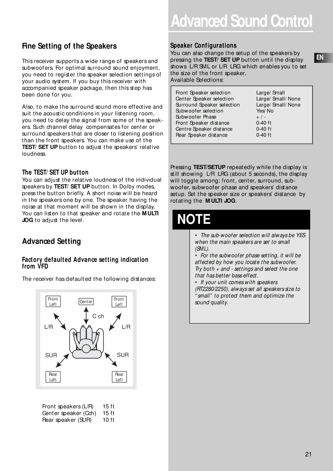 RCA RT2250 Fine Setting of the Speakers, TEST/ SET UP button, Factory defaulted Advance setting indication from VFD 