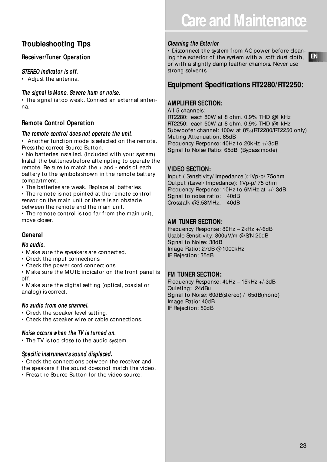 RCA RT2280, RT2250R user manual Troubleshooting Tips, Receiver/Tuner Operation, Remote Control Operation, General 