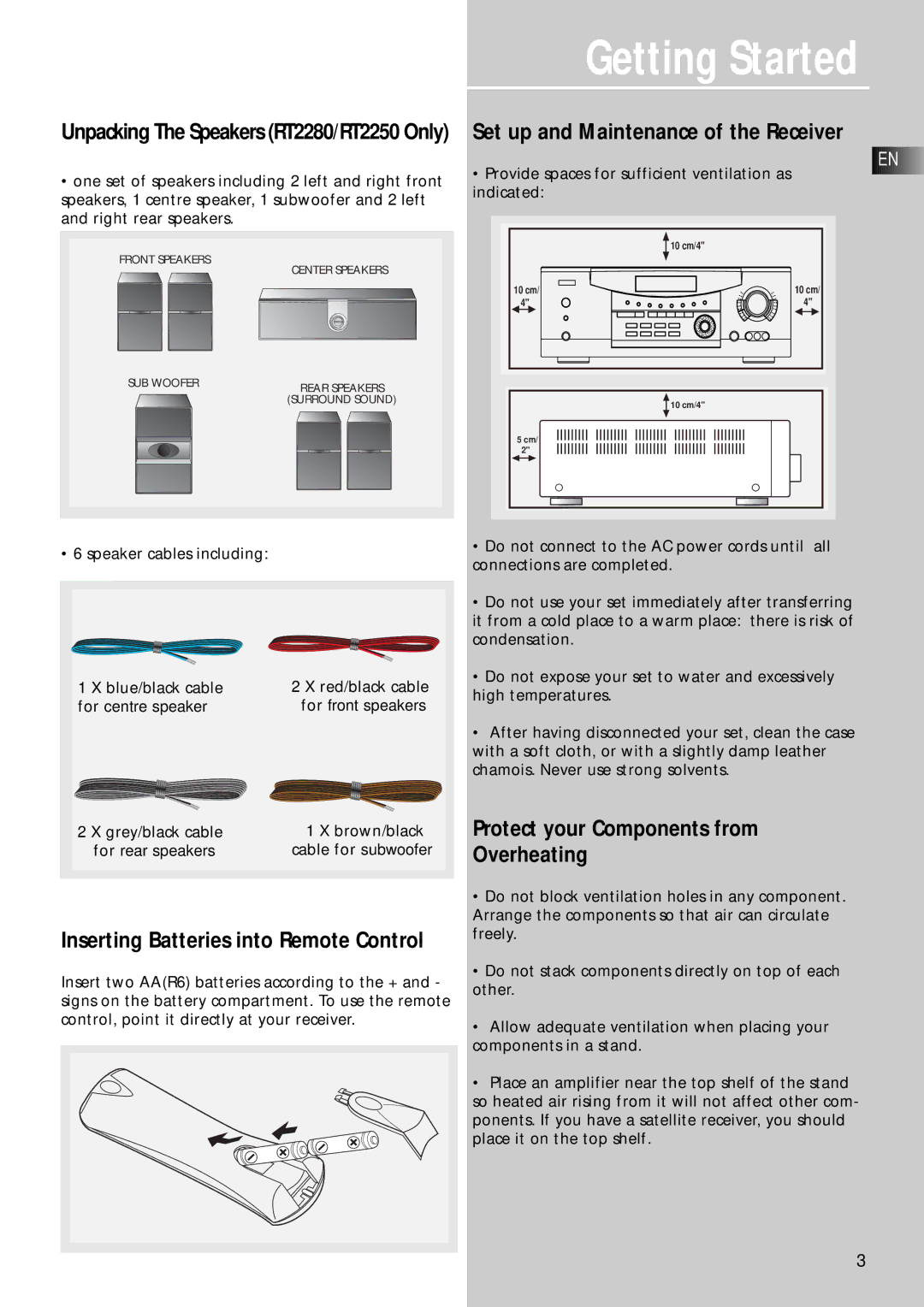 RCA RT2250R, RT2280 Protect your Components from Overheating, Speaker cables including Blue/black cable Red/black cable 