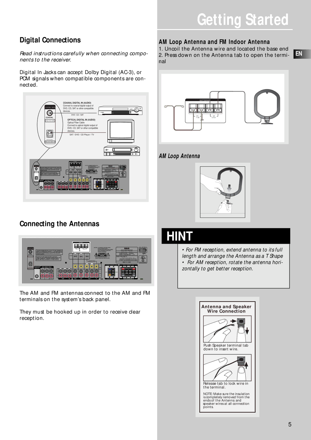 RCA RT2280, RT2250R user manual Digital Connections, Connecting the Antennas, AM Loop Antenna and FM Indoor Antenna 