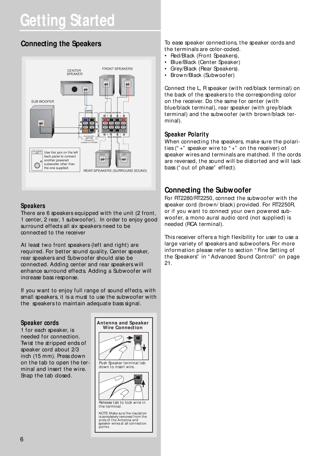 RCA RT2250R, RT2280 user manual Connecting the Speakers, Connecting the Subwoofer, Speaker Polarity, Speaker cords 