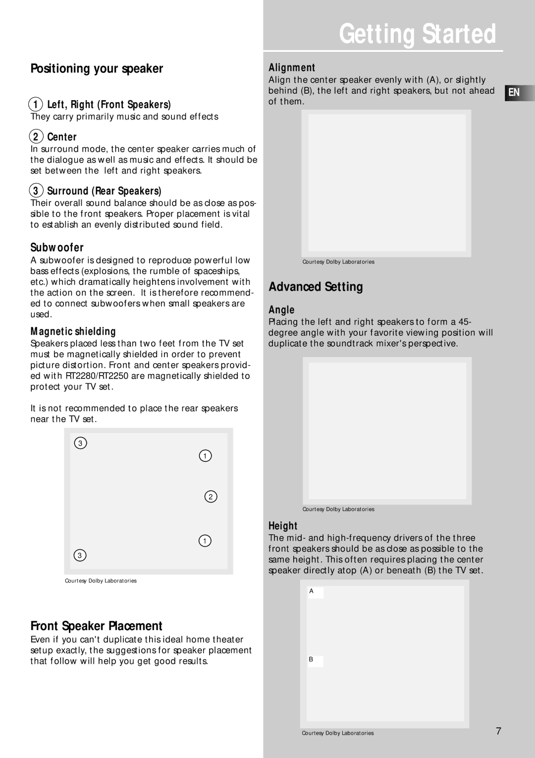 RCA RT2250R, RT2280 user manual Positioning your speaker, Advanced Setting, Front Speaker Placement 