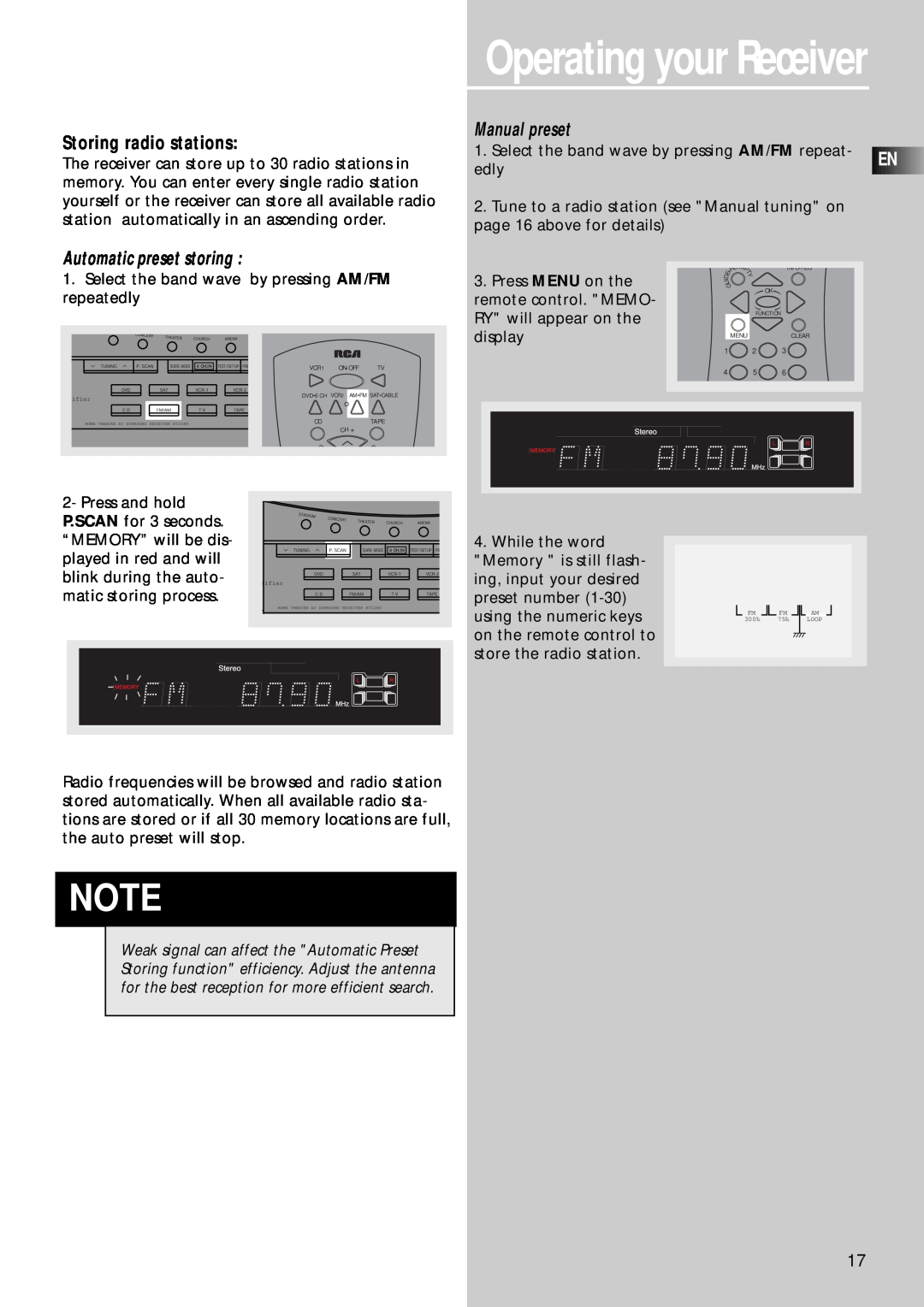 RCA RT2280, RT2250R user manual Operating your Receiver, Storing radio stations, Automatic preset storing, Manual preset 
