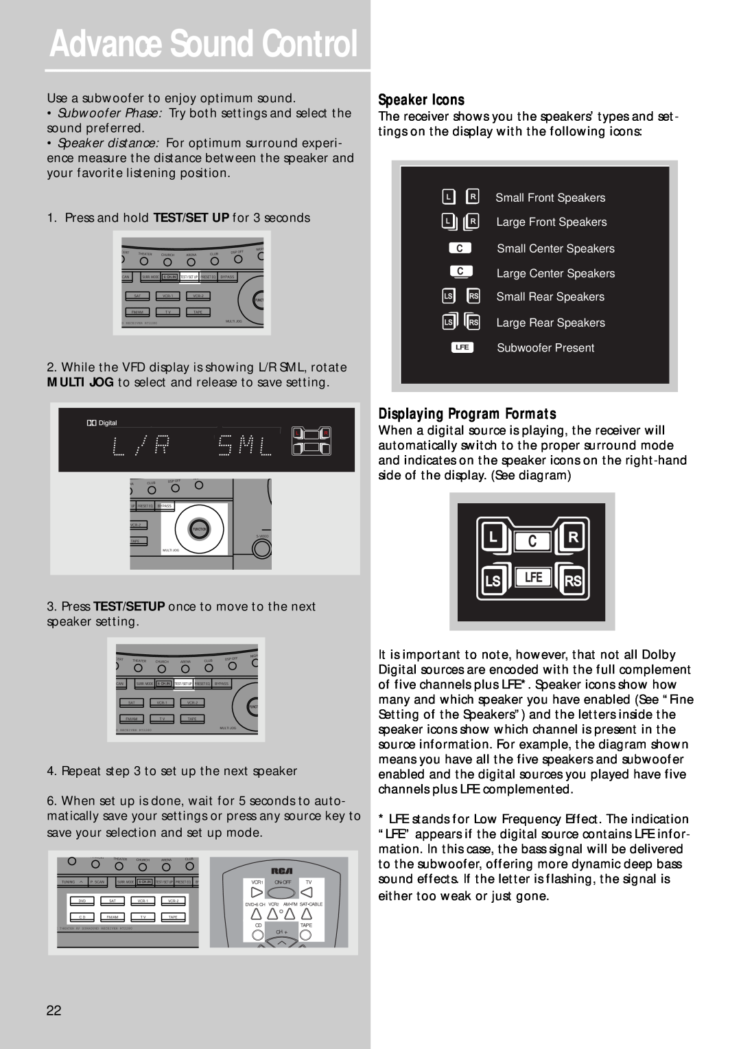 RCA RT2250R, RT2280 user manual Advance Sound Control, Speaker Icons, Displaying Program Formats 
