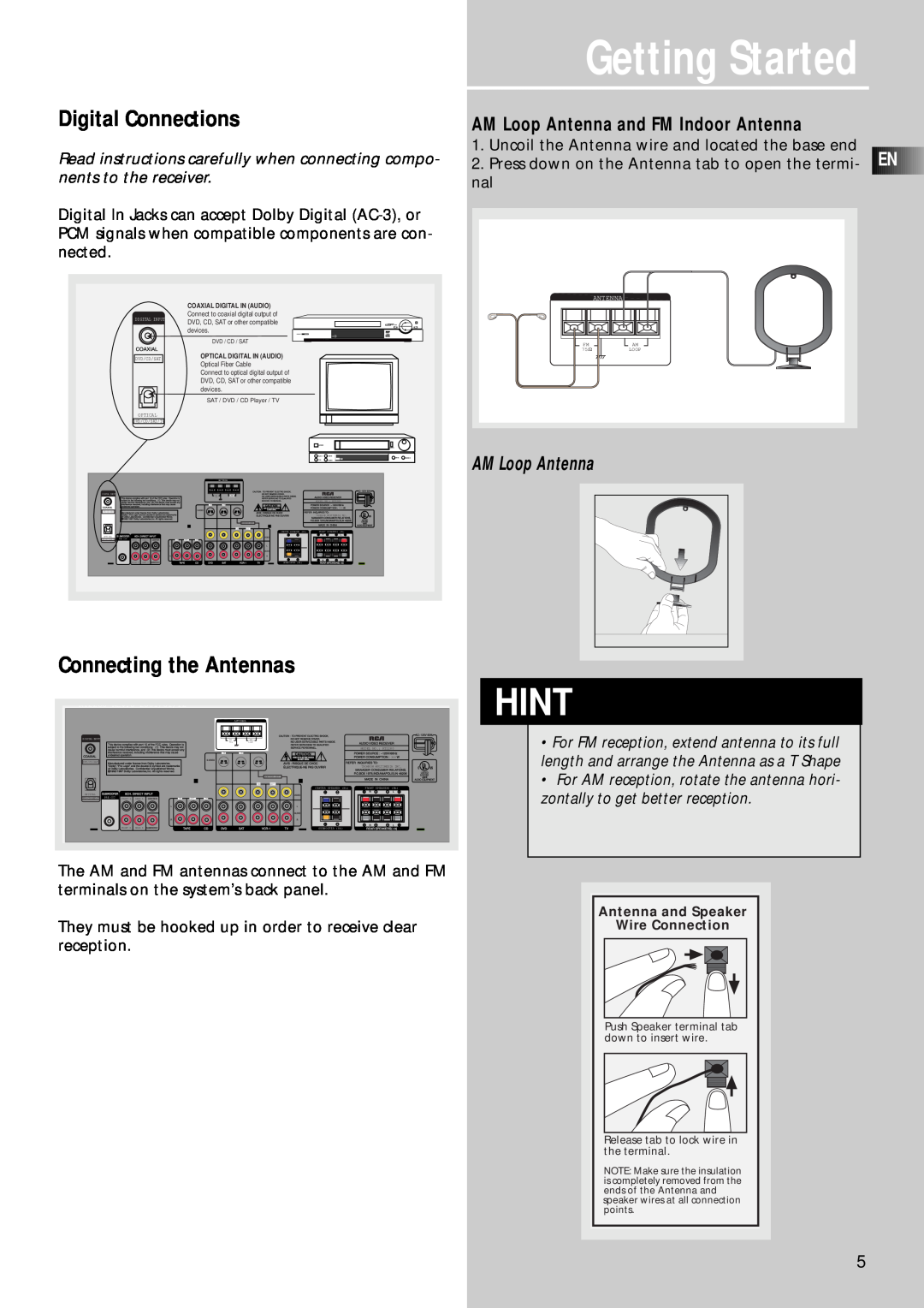 RCA RT2280 Hint, Digital Connections, Connecting the Antennas, AM Loop Antenna and FM Indoor Antenna, Getting Started 