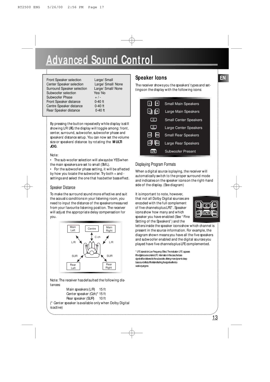 RCA RT2500R user manual Speaker Distance, Displaying Program Formats, Setting of the Speakers 