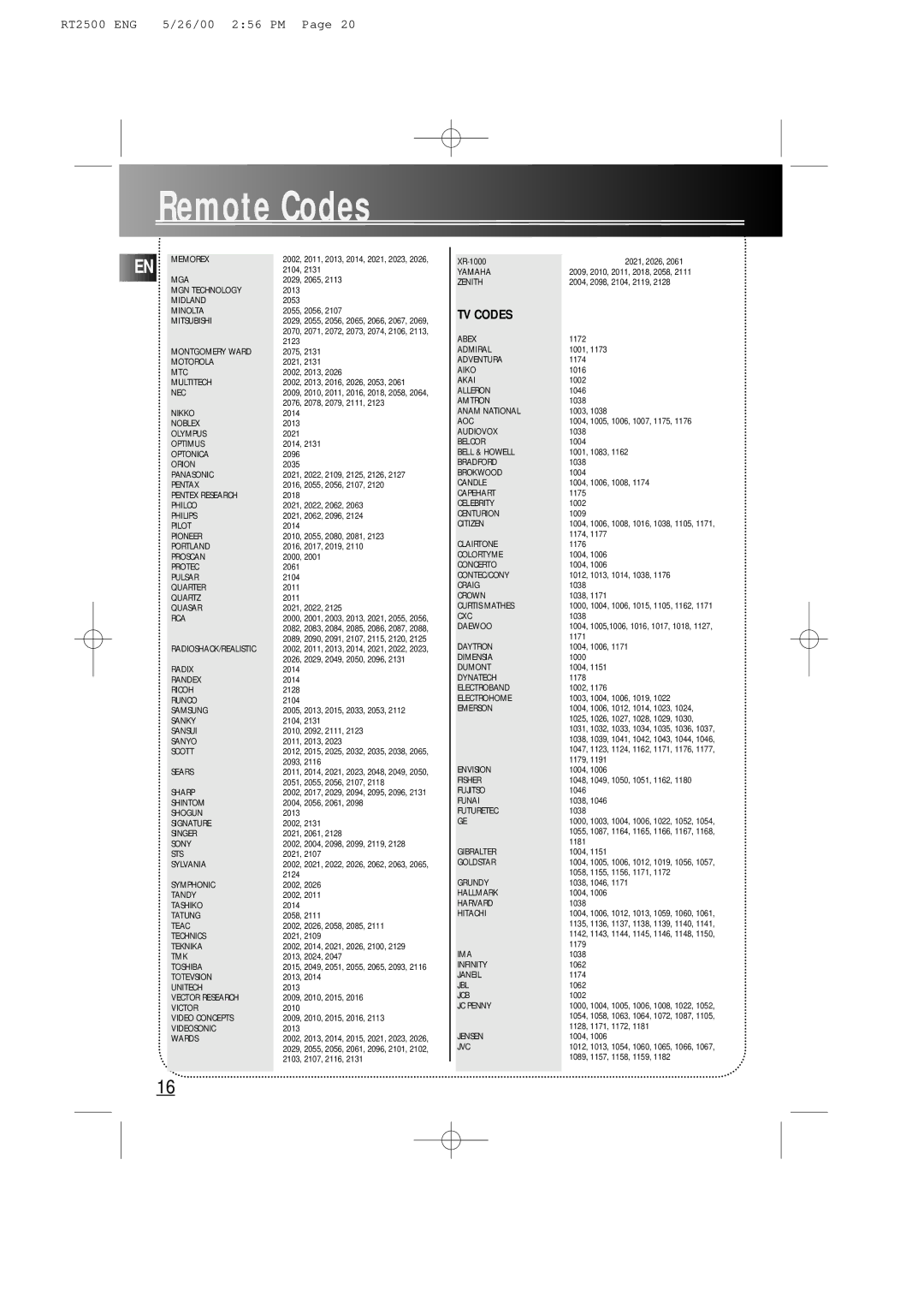 RCA RT2500R user manual TV Codes, Rca 