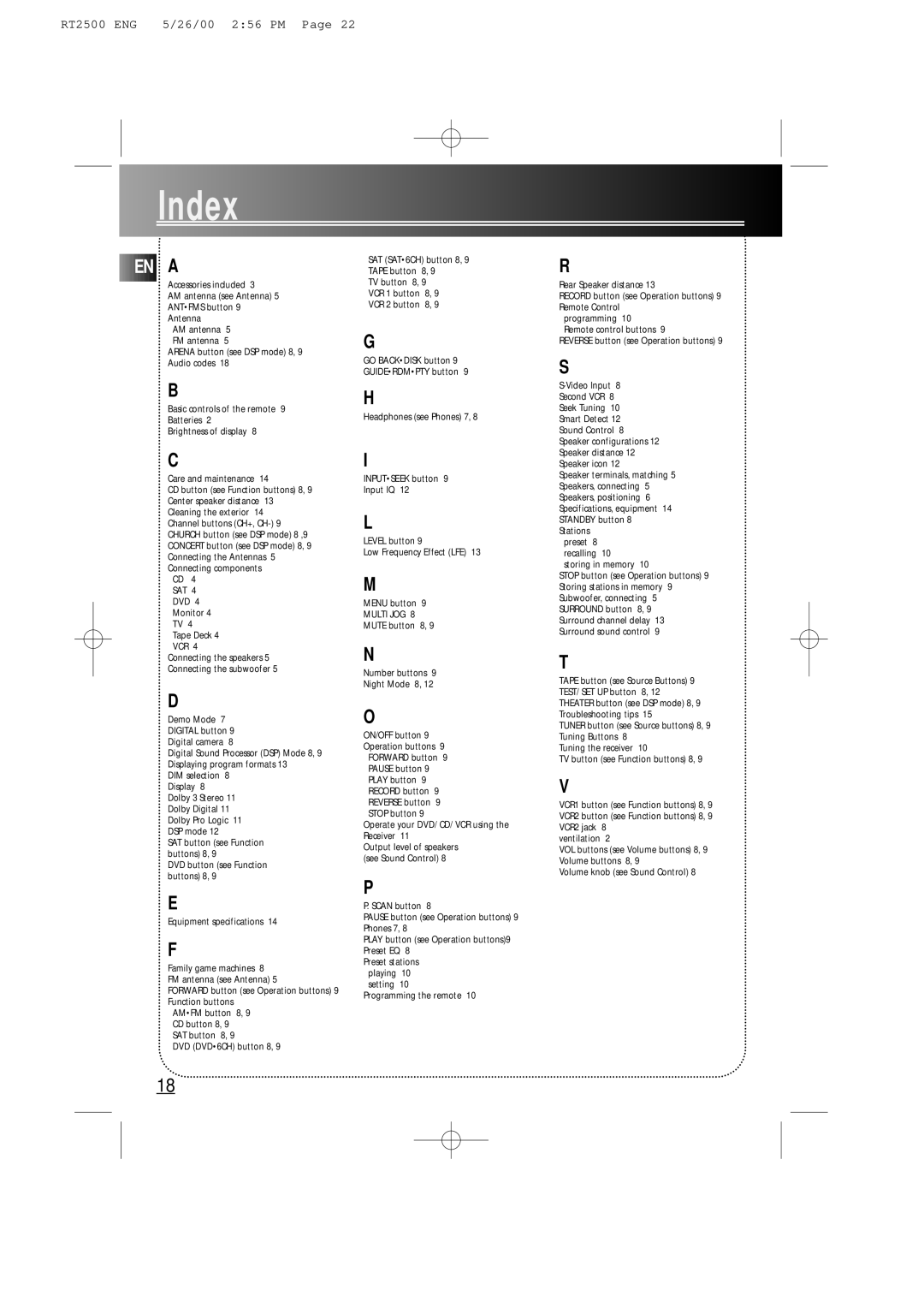 RCA RT2500R user manual Index, EN a 