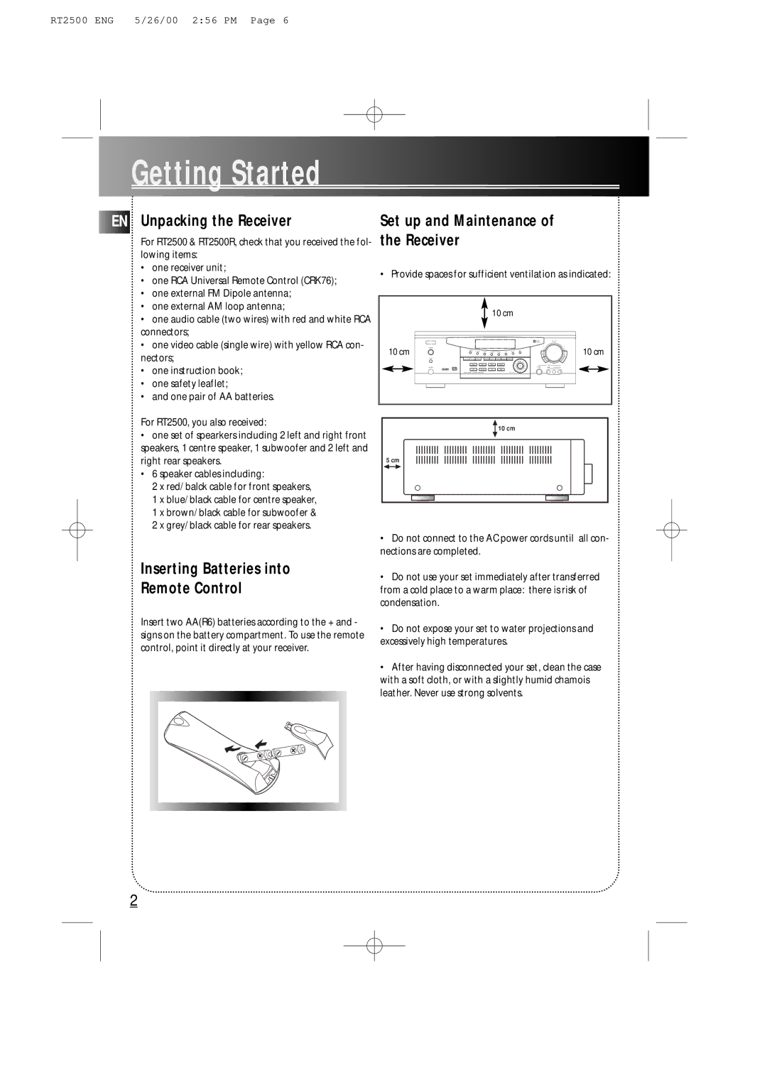 RCA RT2500R user manual Getting Started, EN Unpacking the Receiver, Inserting Batteries into Remote Control 