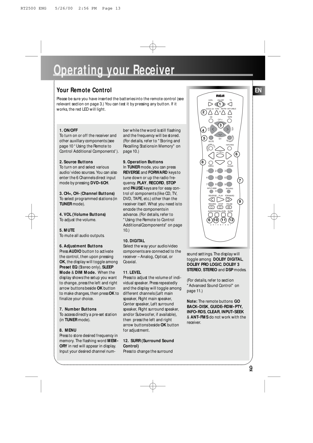 RCA RT2500R user manual Your Remote Control, OperatingyourReceiver 