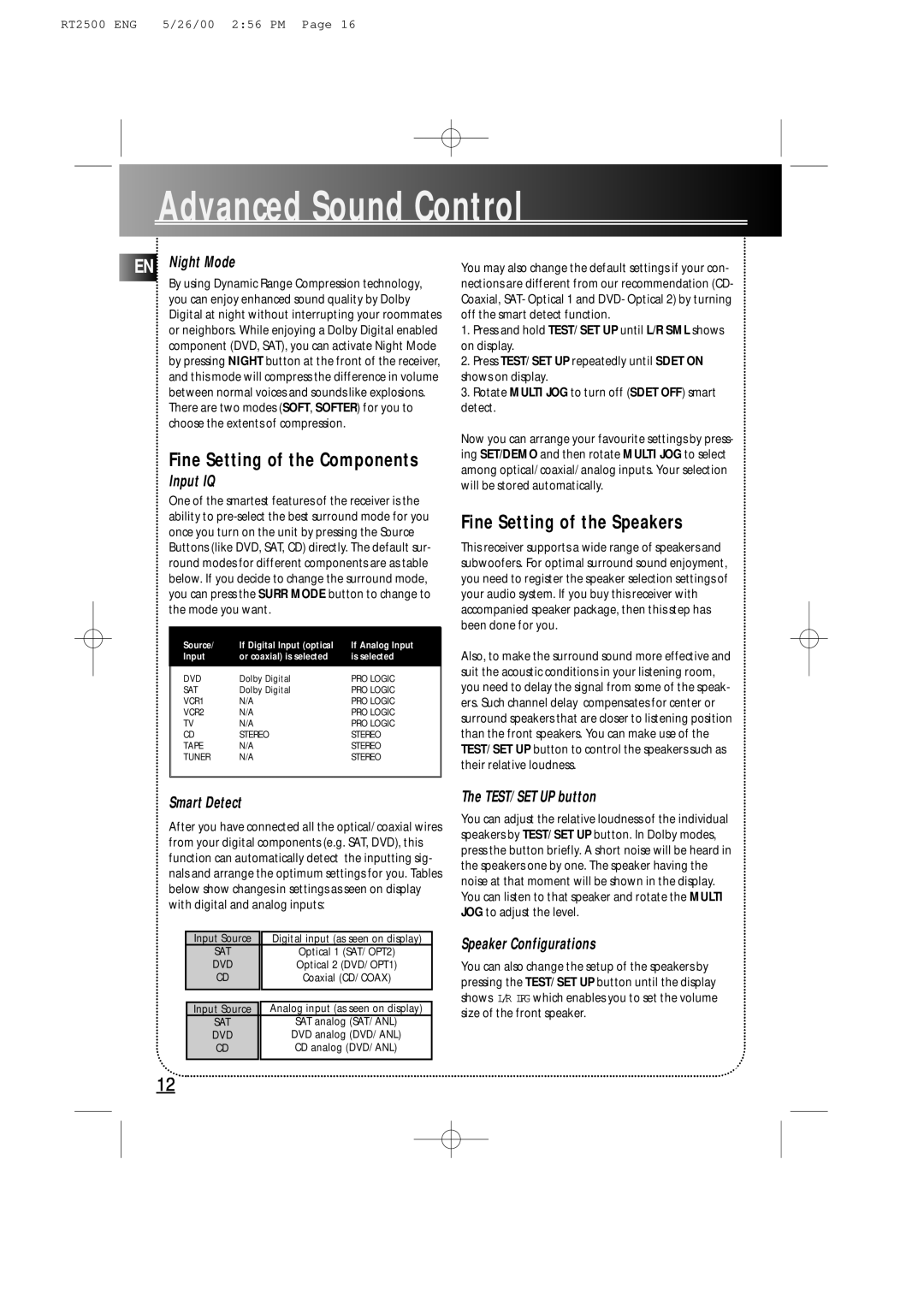 RCA RT2500R user manual Fine Setting of the Components, Fine Setting of the Speakers, EN Night Mode, Input IQ, Smart Detect 