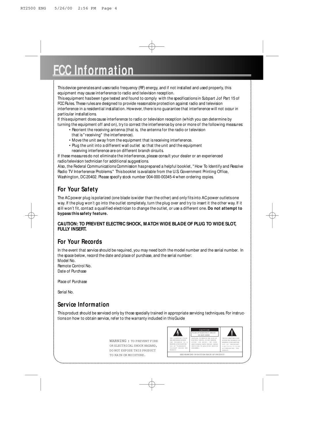 RCA RT2500R user manual FCCInformation, For Your Safety, For Your Records, Service Information, Fully Insert 