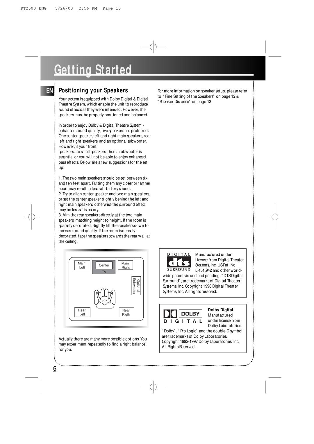 RCA RT2500R user manual ENPositioning your Speakers, GettingStarted, Dolby Digital 