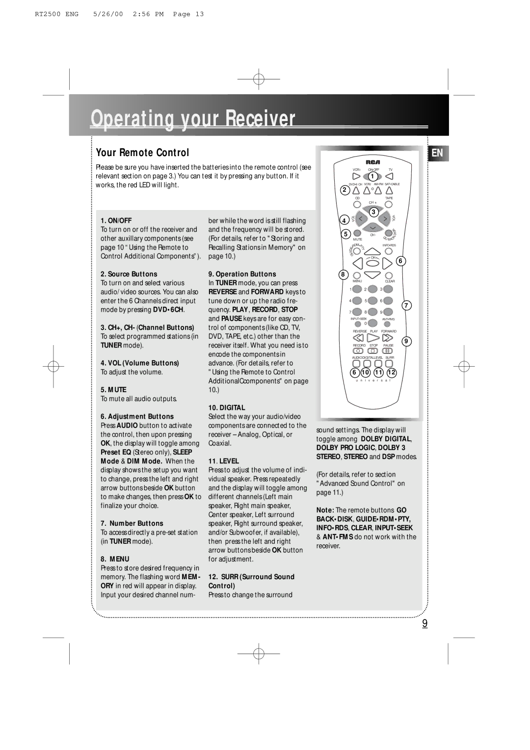 RCA RT2500R user manual Your Remote Control 