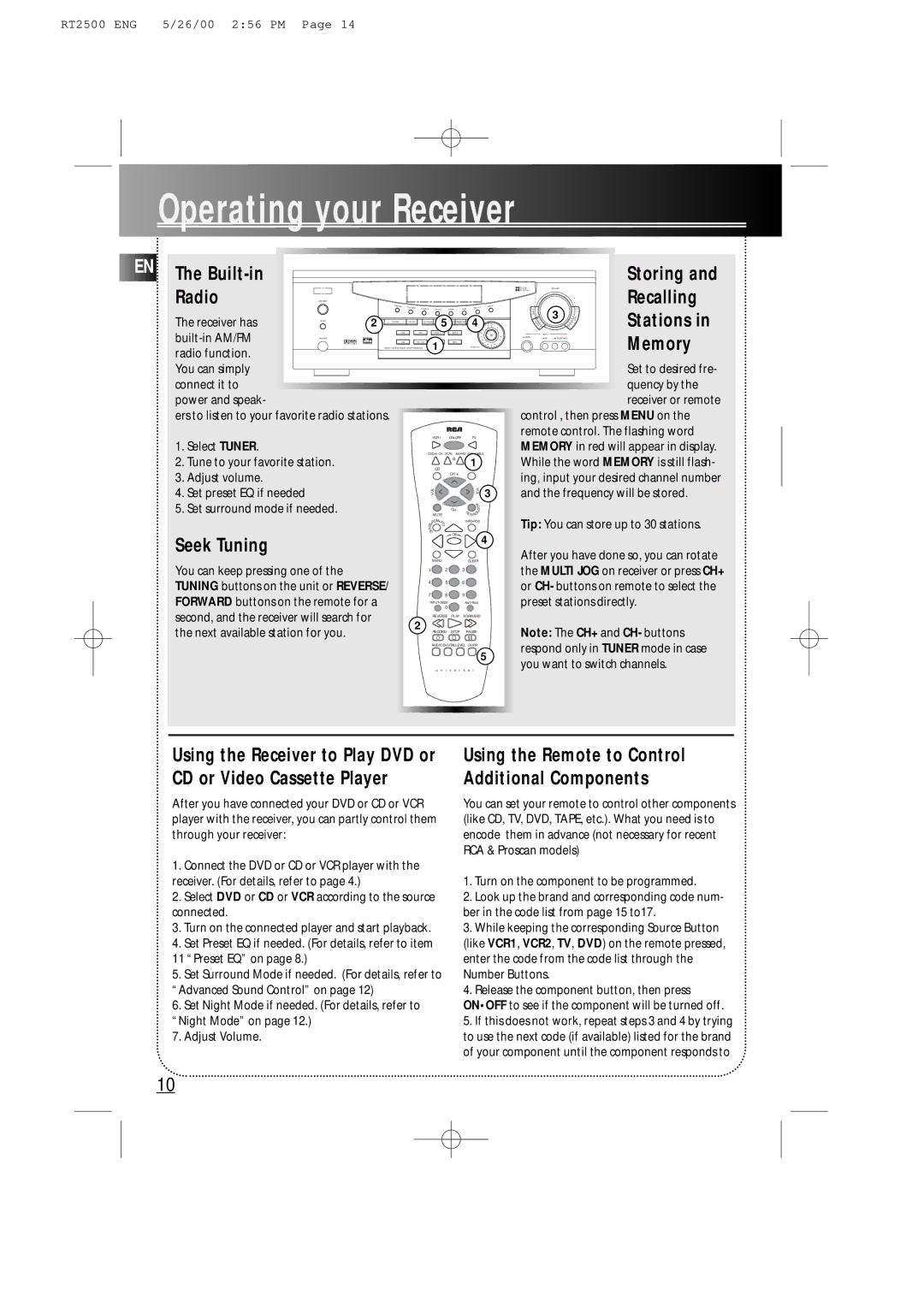 RCA RT2500R user manual EN The Built-in Radio, Storing, Recalling, Stations, Memory, Seek Tuning 