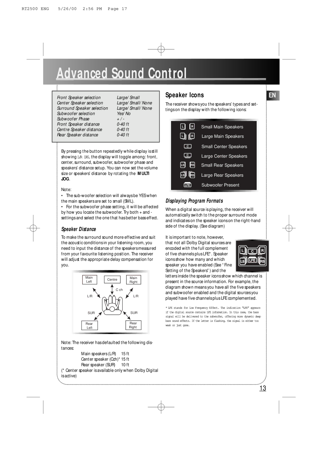 RCA RT2500R user manual Speaker Distance, Displaying Program Formats, Setting of the Speakers 