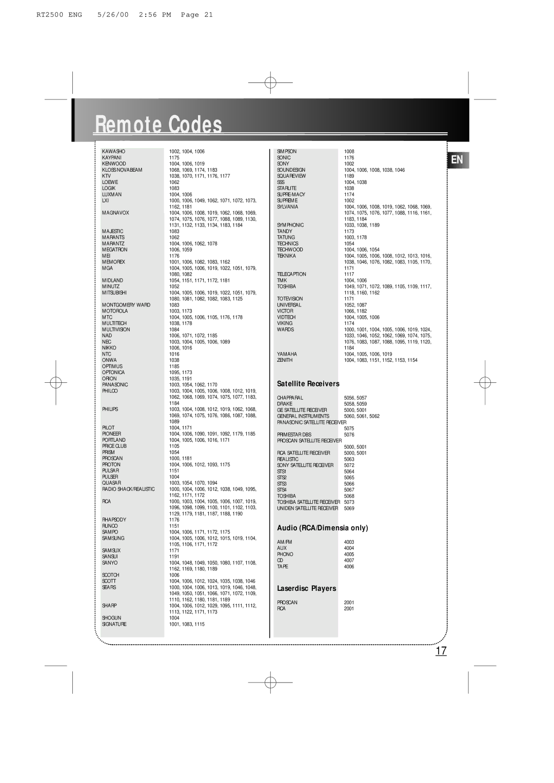 RCA RT2500R user manual Audio RCA/Dimensia only, Satellite Receivers 