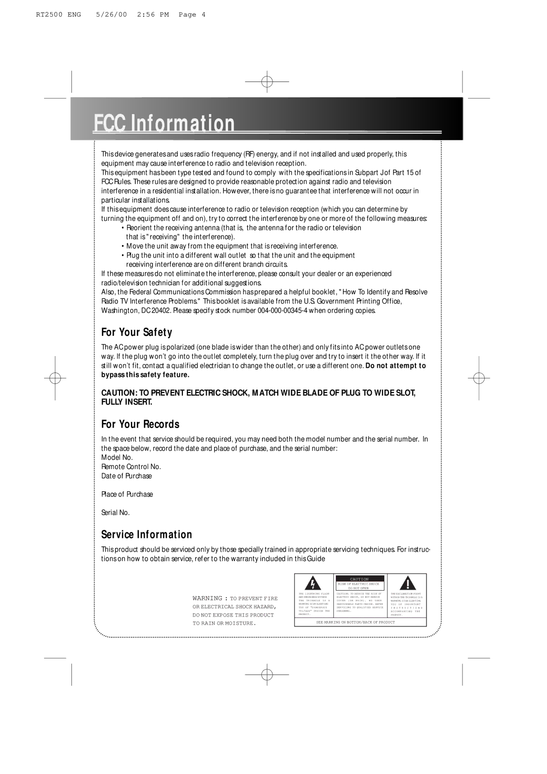 RCA RT2500R user manual FCC Information, For Your Safety, For Your Records, Service Information 