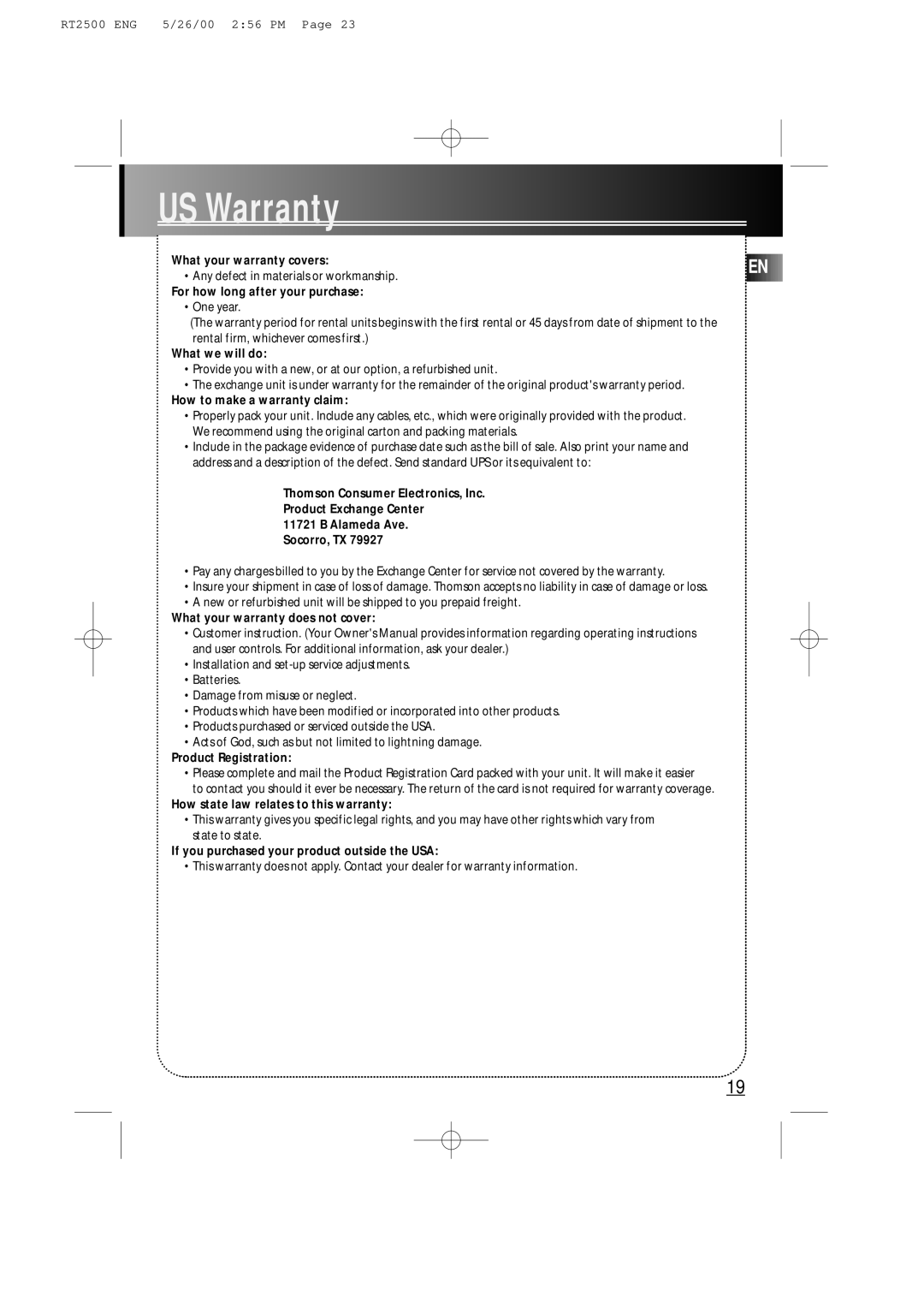 RCA RT2500R user manual US Warranty 