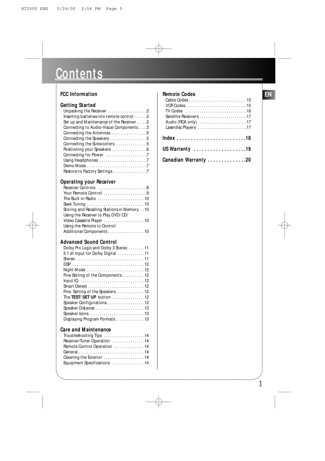 RCA RT2500R user manual Contents 