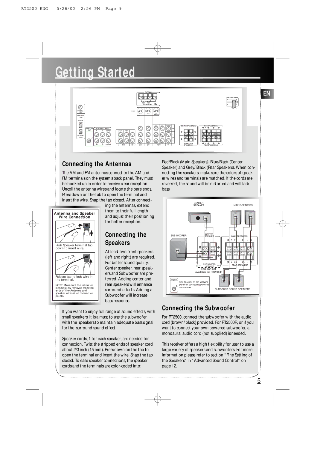 RCA RT2500R user manual Connecting the Antennas, Connecting the Speakers, Connecting the Subwoofer 