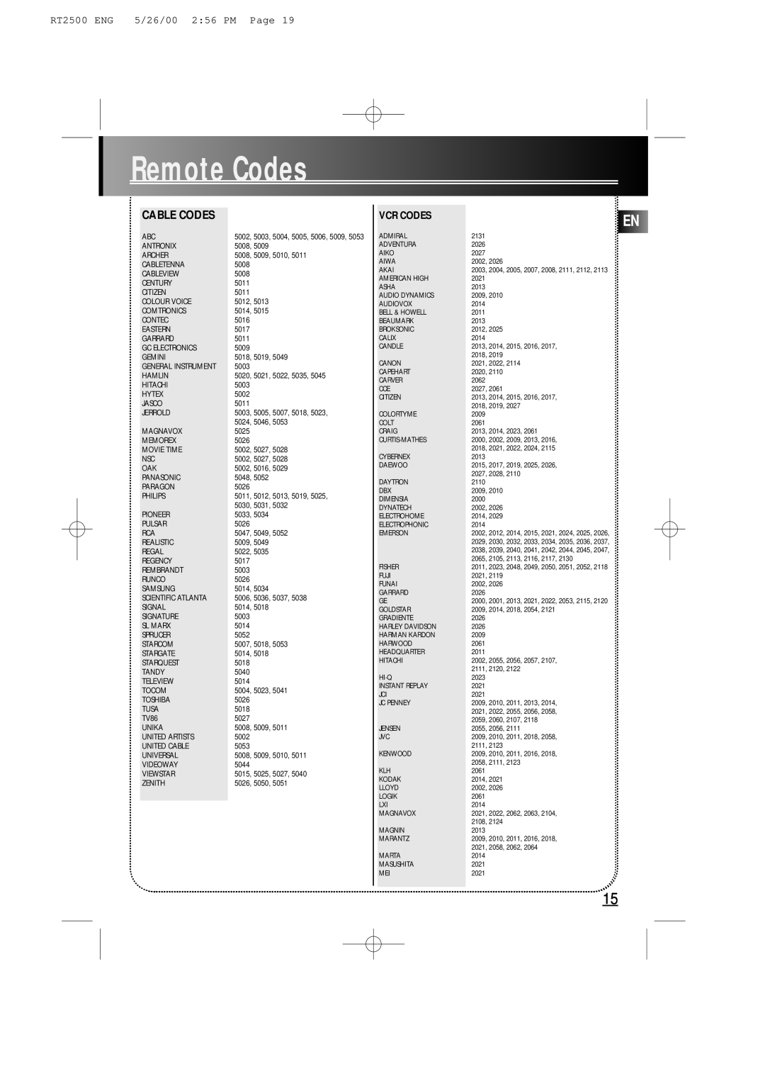 RCA RT2500R user manual RemoteCodes, Cable Codes, RT2500 ENG, 5/26/00 2 56 PM Page 