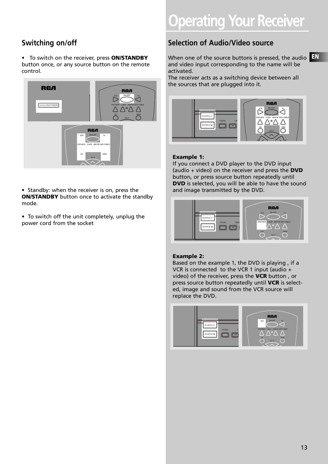 RCA RT2350BK, RT2600 manual Switching on/off, Selection of Audio/Video source, Example 