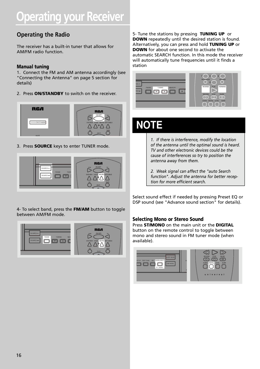 RCA RT2350BK, RT2600 manual Operating the Radio, Manual tuning, Selecting Mono or Stereo Sound 