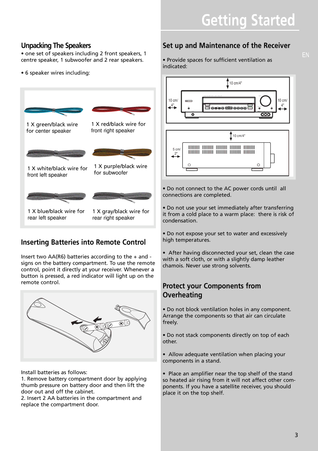 RCA RT2600 manual Unpacking The Speakers, Set up and Maintenance of the Receiver, Protect your Components from Overheating 