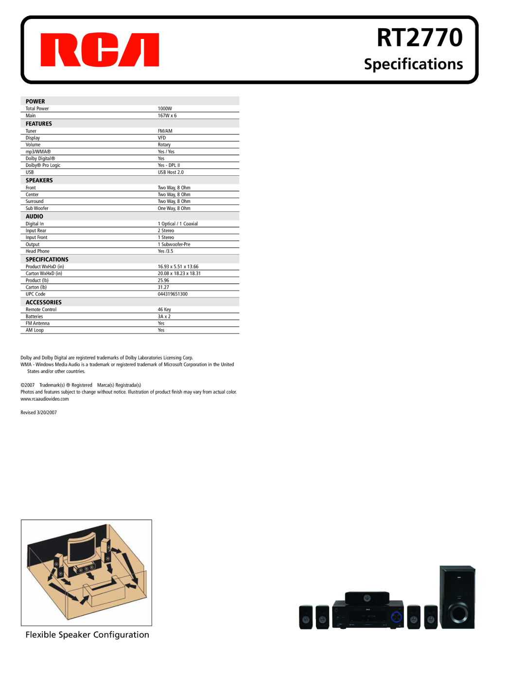 RCA RT2770 manual Specifications 