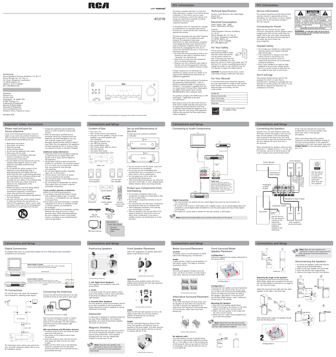 RCA RT2770 important safety instructions Technical Specification, Electrical Consumption, For Your Safety, Headset Safety 