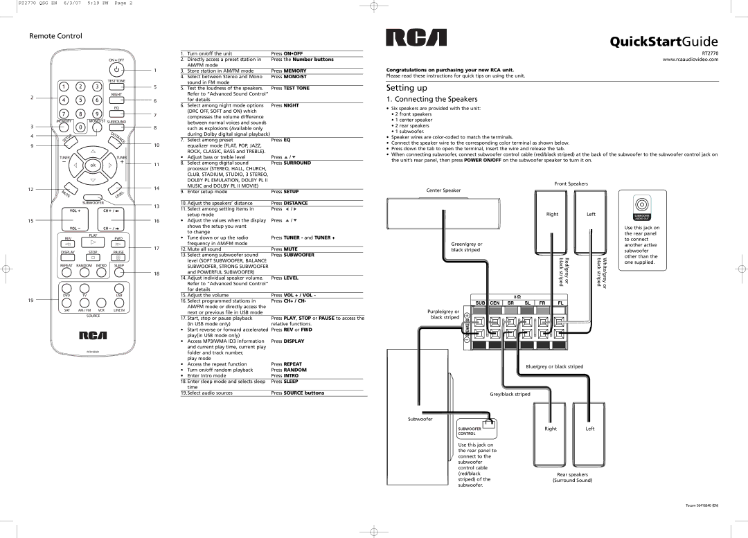 RCA RT2770 quick start Remote Control, Connecting the Speakers 